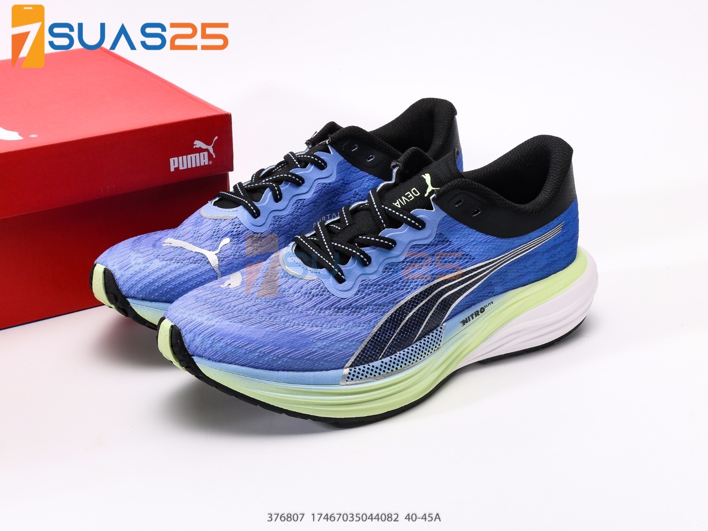 Puma Deviate Nitro 2 running shoe in a blue, white, and lime green colorway.